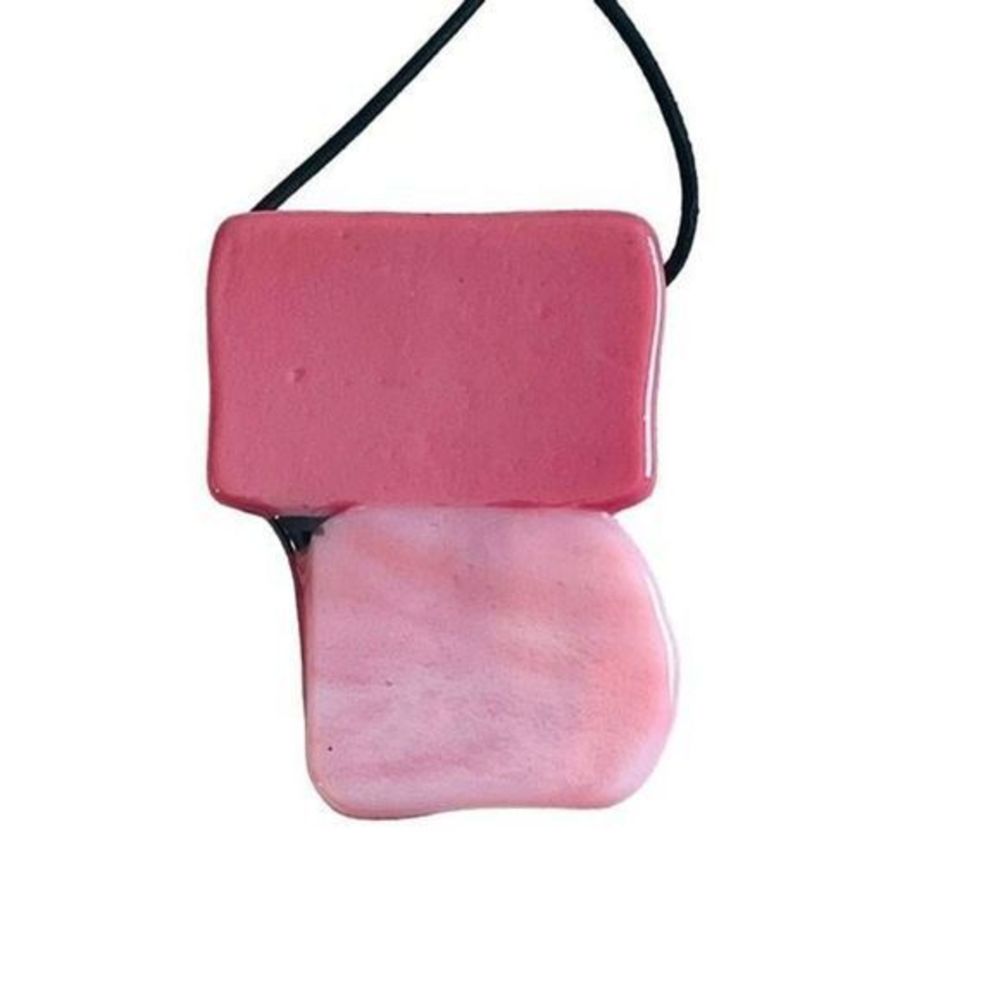 NEW Artist Made Pink Mixed Media Fused Glass Statement Necklace on Stretch Cord - Picture 4 of 8